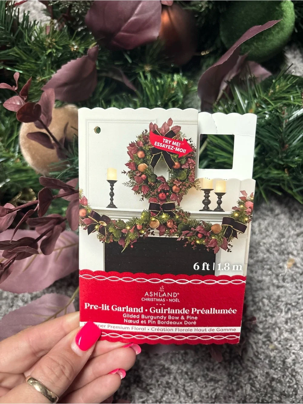 Ashland Green Pine Garland with Burgundy and Gold Accents- Pre Lite